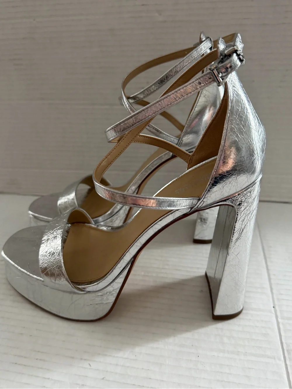 $145 Michael Kors Cami High Heel Platform Sandals Shoes silver size 9